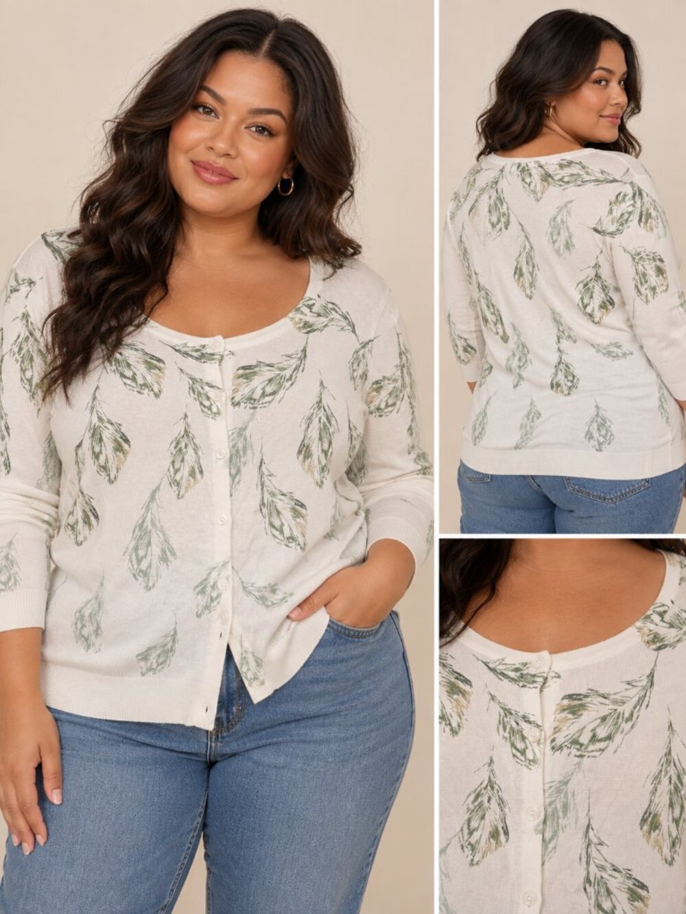Northern Reflections XL Ivory Feather Print Cardigan Green Gold Metallic